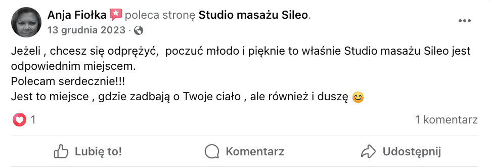 Opinia 1 - Studio Masażu SILEO - Edyta Grossek