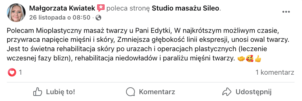 Opinia 2 - Studio Masażu SILEO - Edyta Grossek
